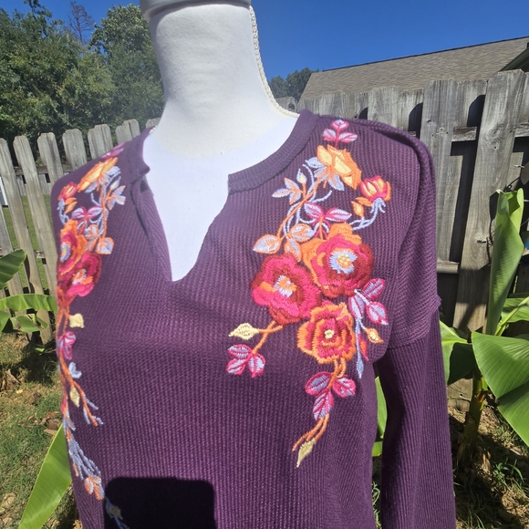 Small Waffle Knit Purple Floral Embroidered Long Sleeve Boho Western Colorful - Picture 3 of 8